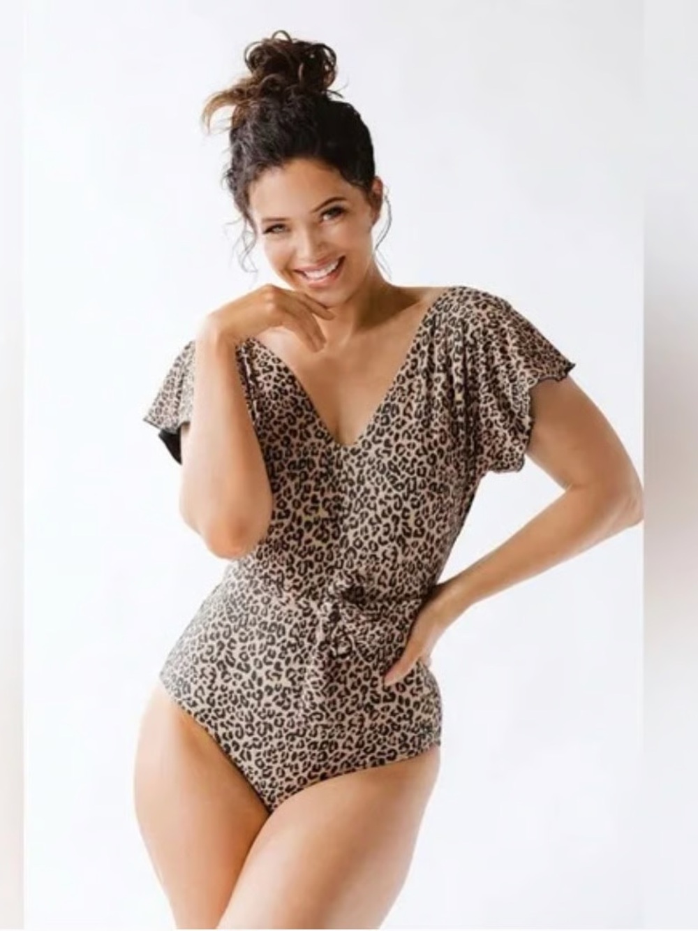 Albion The Pursuit Cape Leopard Print Flutter Sleeve One Piece Swimsuit Large - Picture 1 of 6